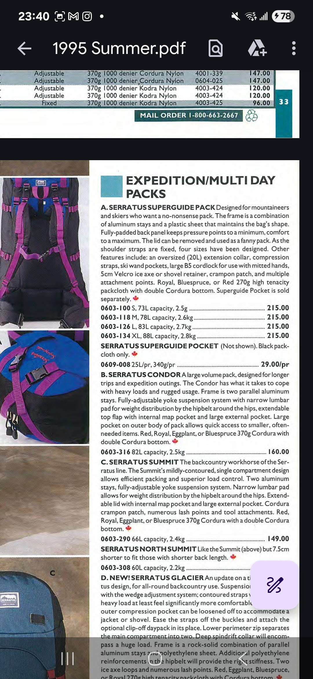 1995 Serratus Superguide hiking backpack