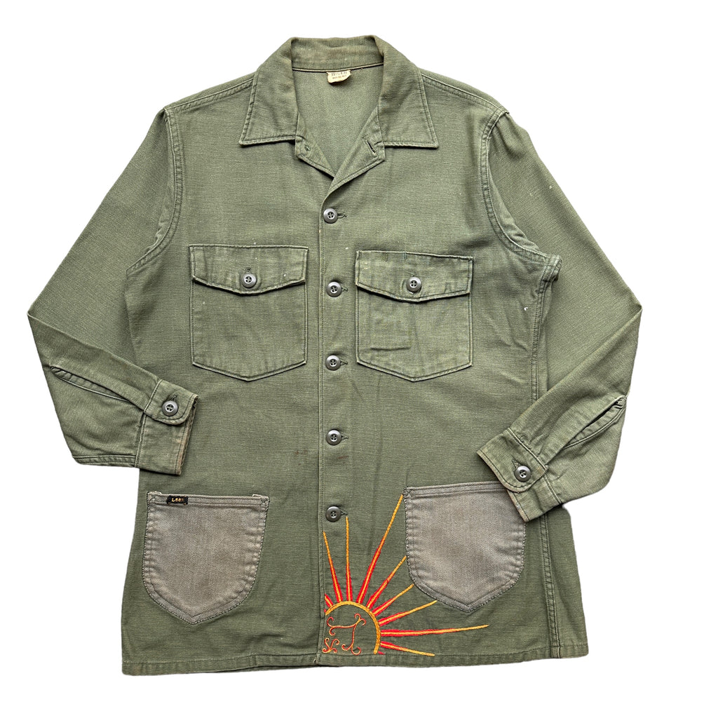 60s Hippie sun embroidered army shirt jacket Small