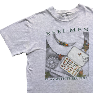 90s Reel men play with flys fish shirt large