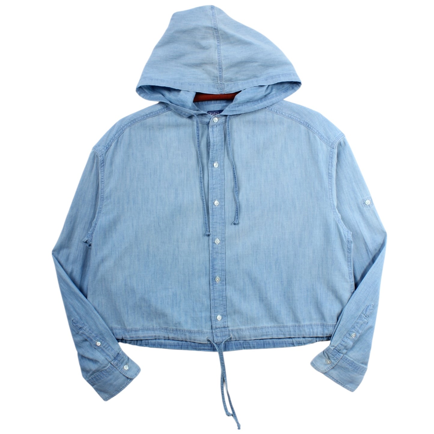 Polo Ralph Lauren hooded button up shirt. cropped short like a wading jacket  large
