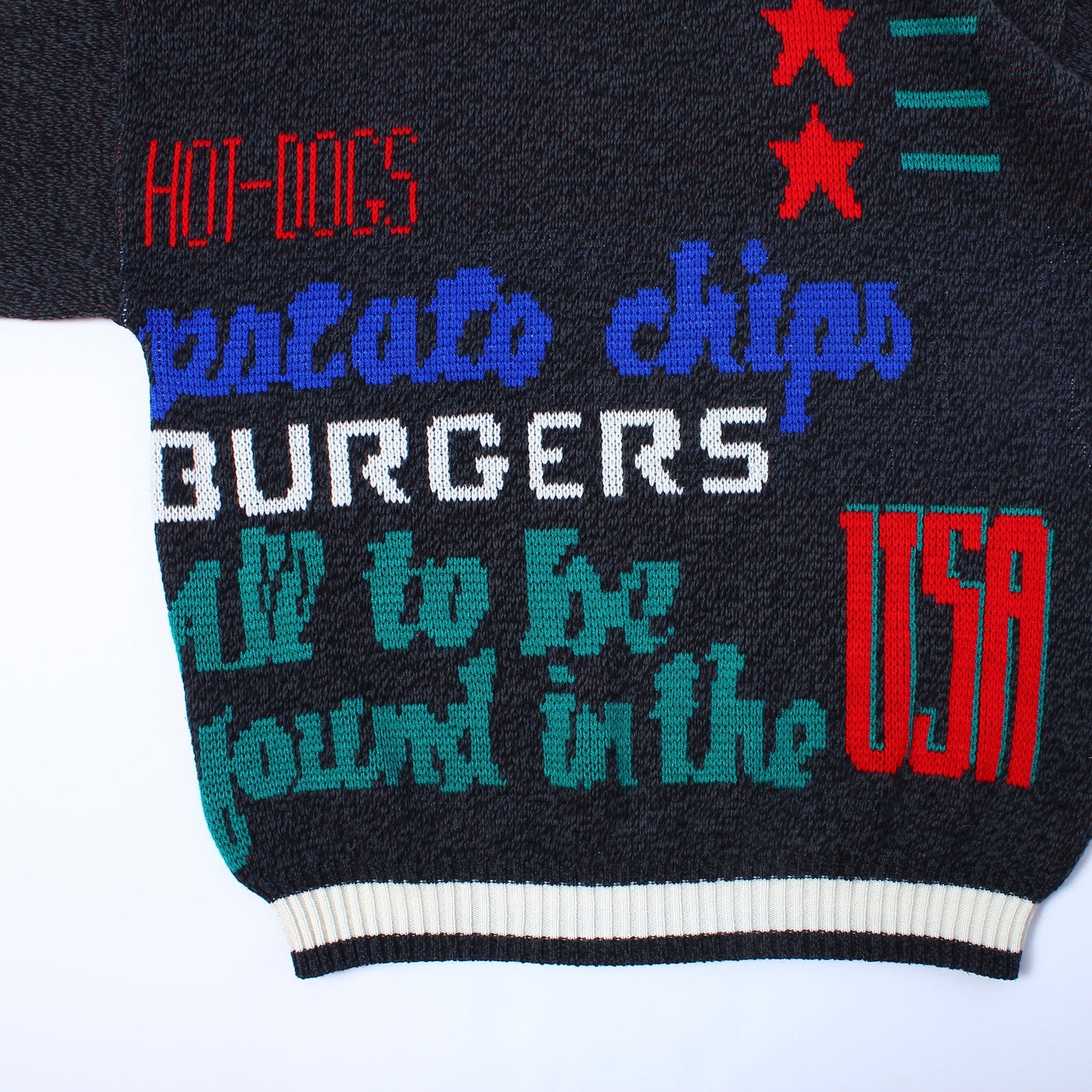 All to be found in the USA sweater S/M hot dogs burgers