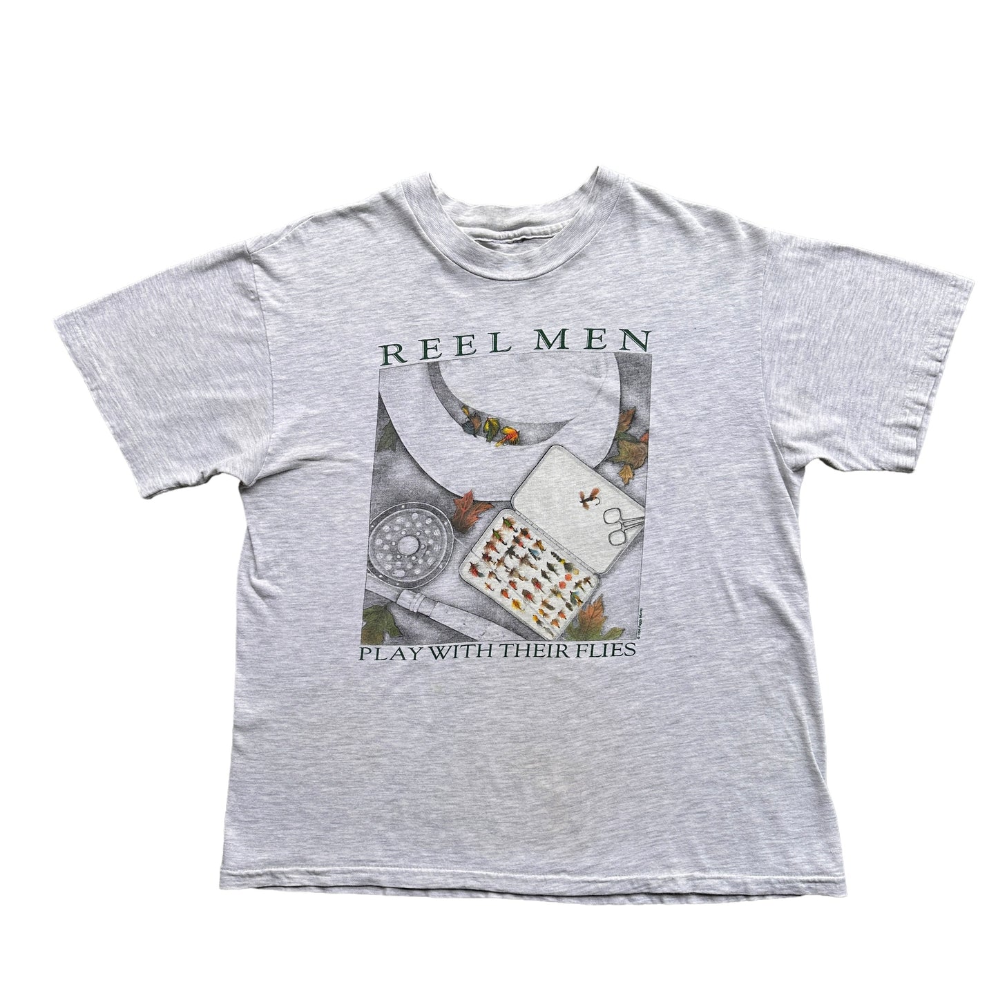 90s Reel men play with flys fish shirt large