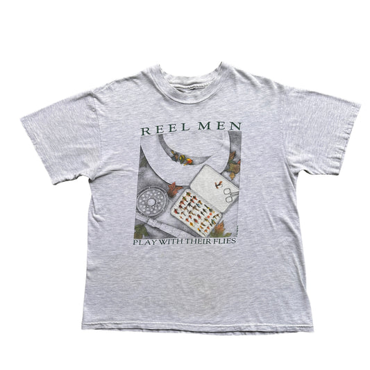 90s Reel men play with flys fish shirt large