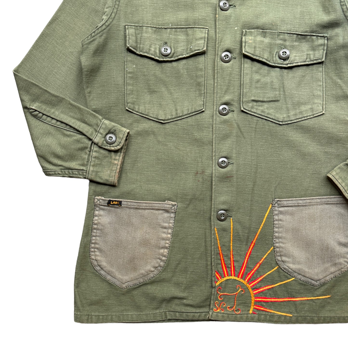 60s Hippie sun embroidered army shirt jacket Small