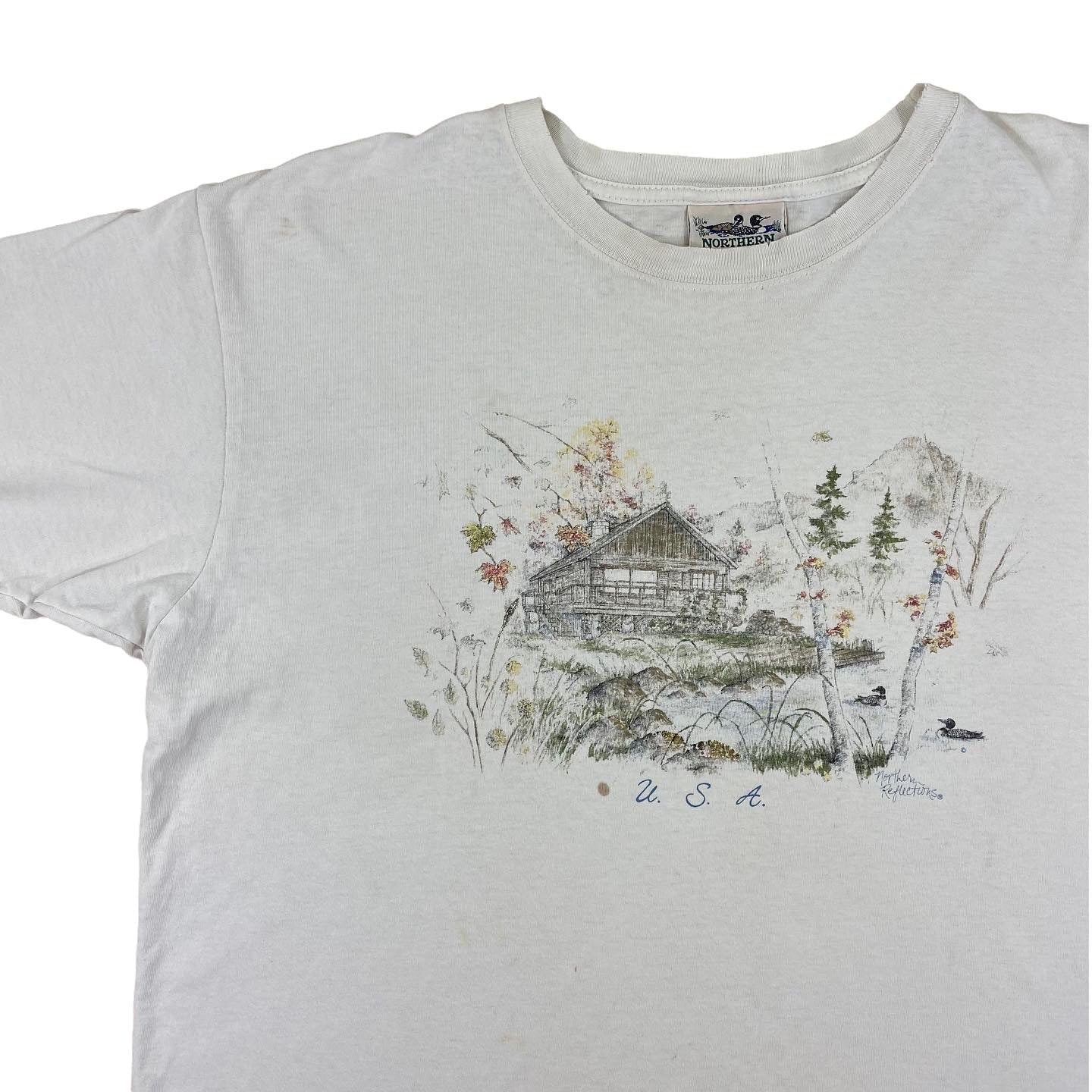 Maine camp tee. loons and birch trees. XL