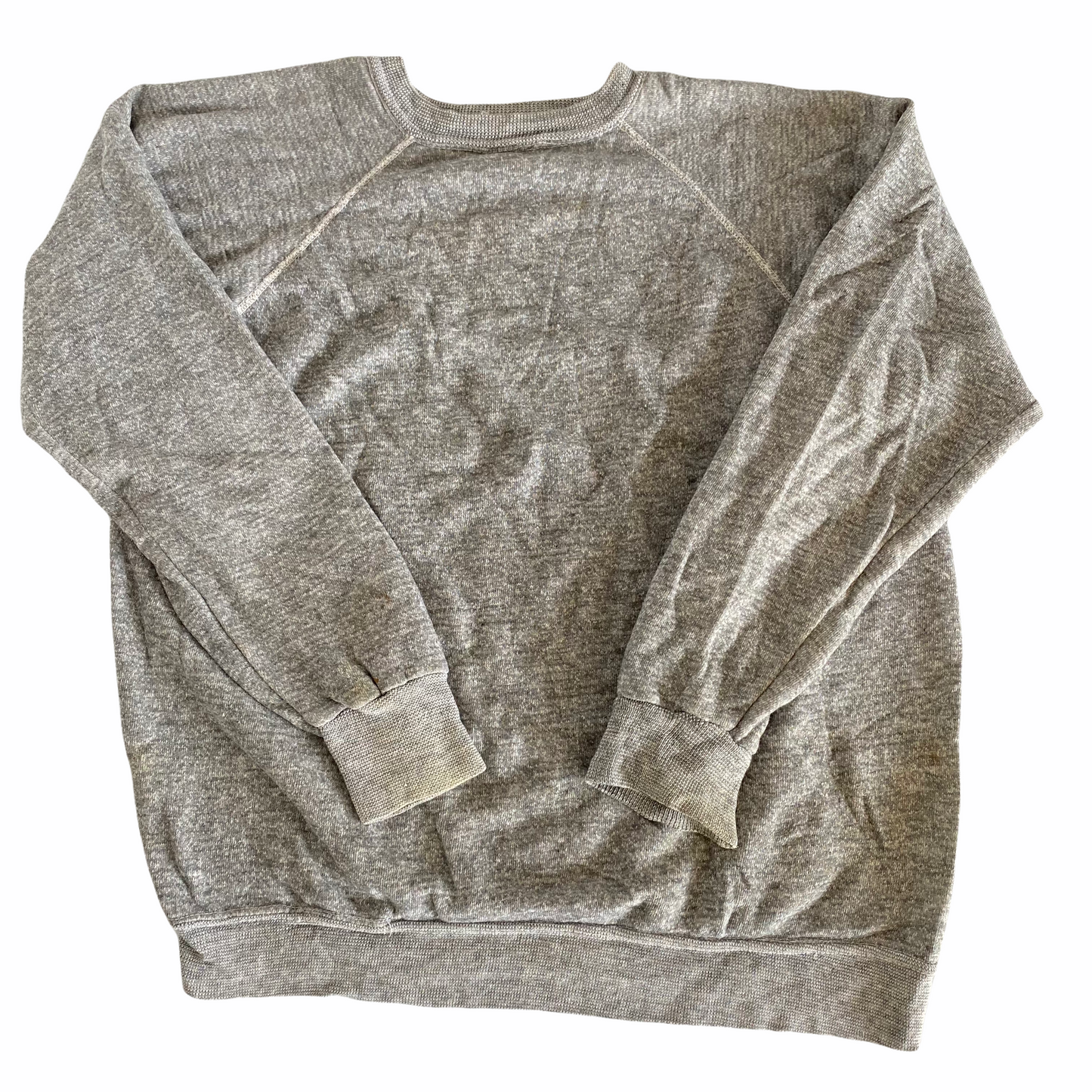 70s Heather grey raglan crewneck. 50/50 soft. S/M fit (23x21)