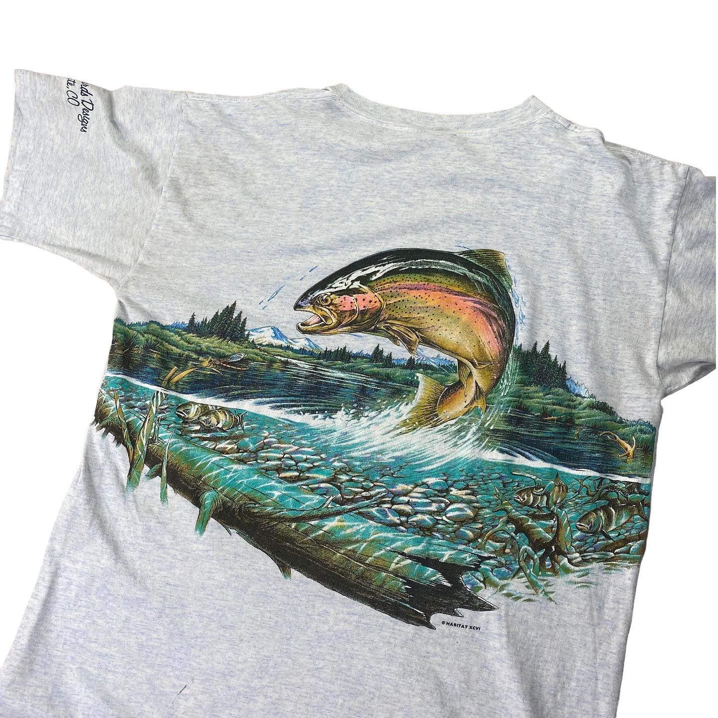 90s rainbow trout tee. heather blue. XL