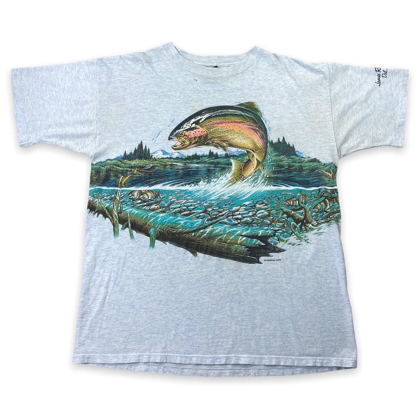 90s rainbow trout tee. heather blue. XL