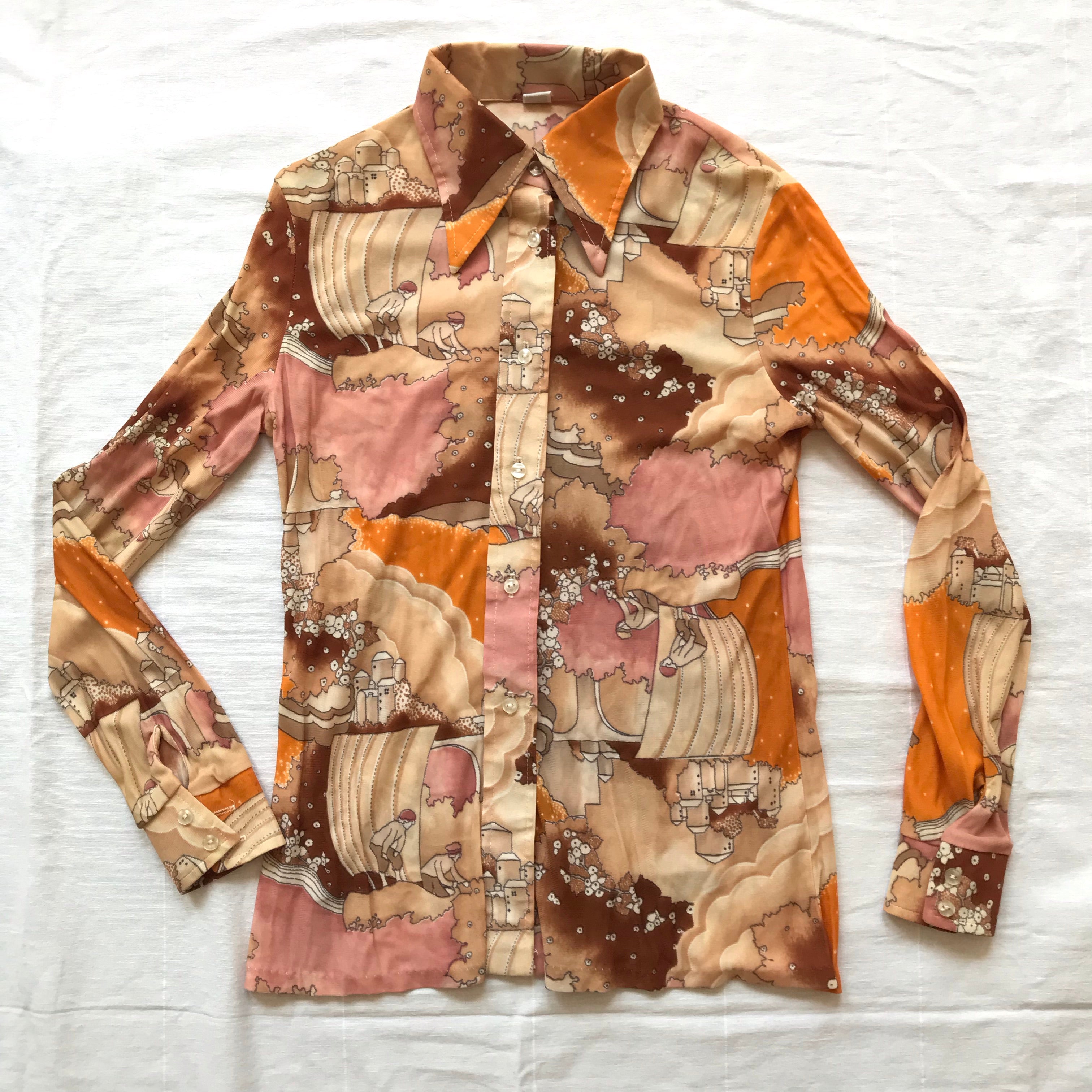 70's vintage polyester shirt 総柄 シャツ 古着 70s Flowy Print Shirt XS