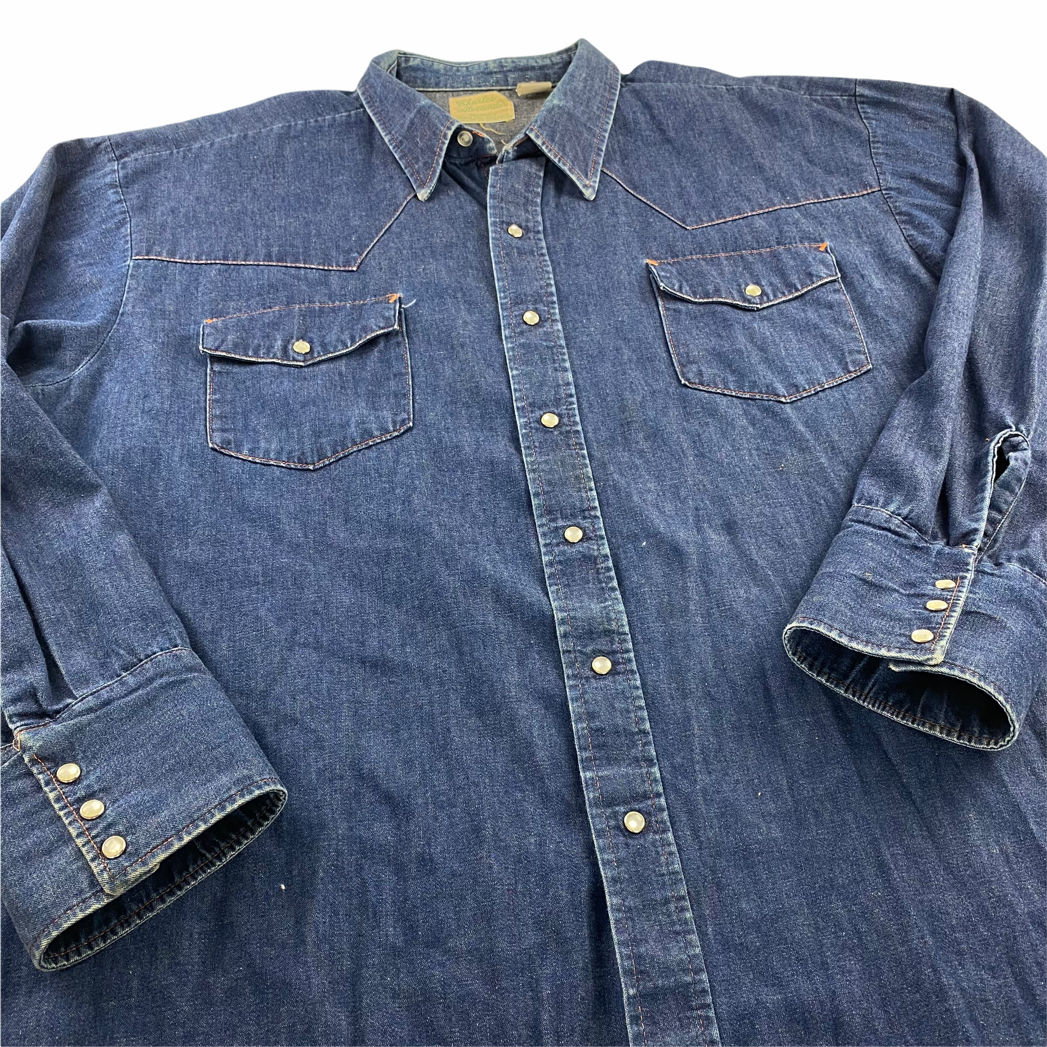 70s Denim western shirt. pearl snaps. XXL – Vintage Sponsor