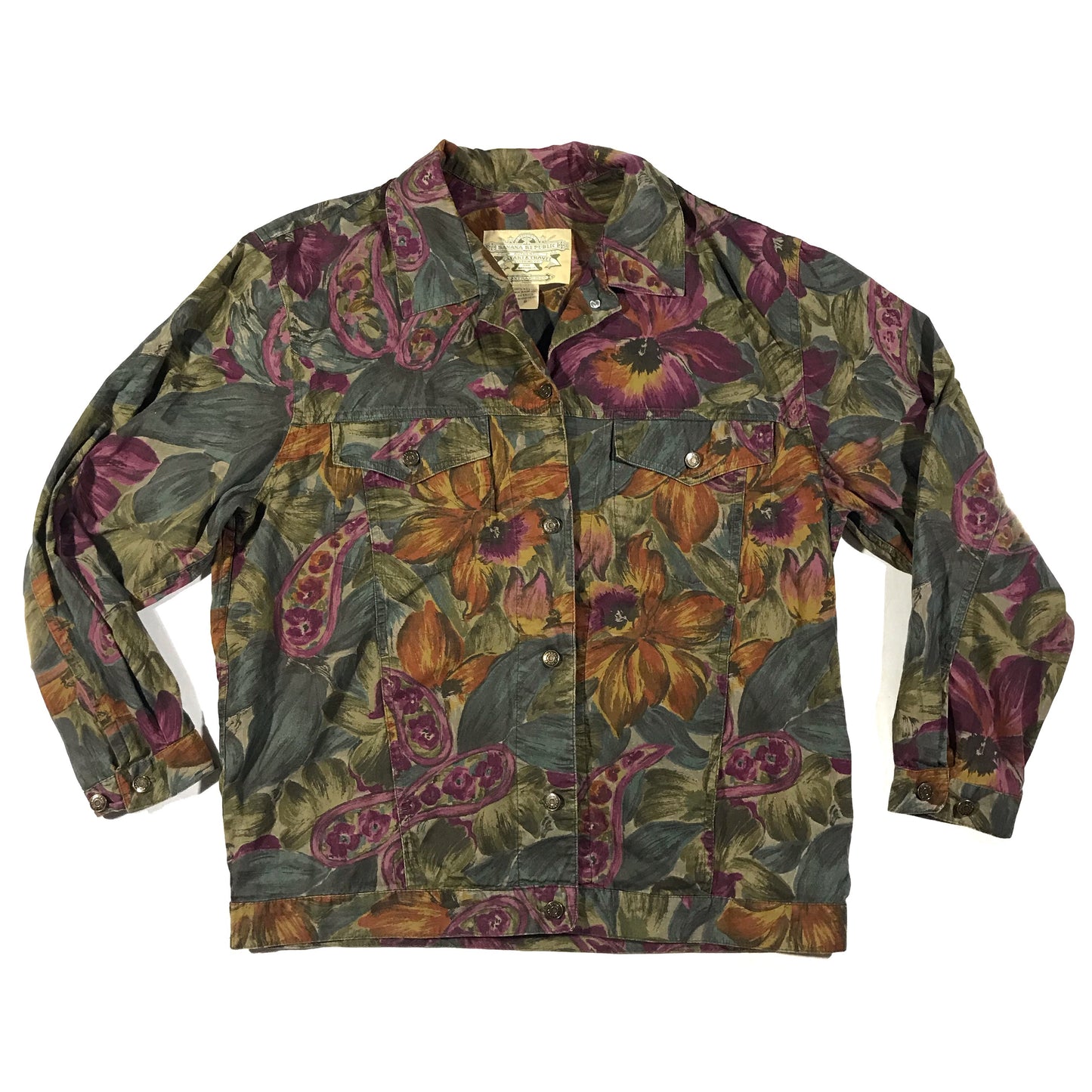 90s Banana republic safari & travel light weight floral jacket. Built like a denim jacket but made from shirt material. small