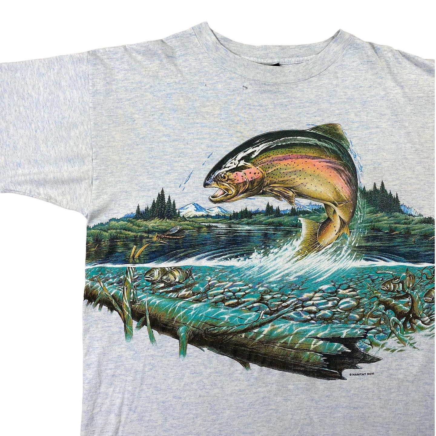 90s rainbow trout tee. heather blue. XL