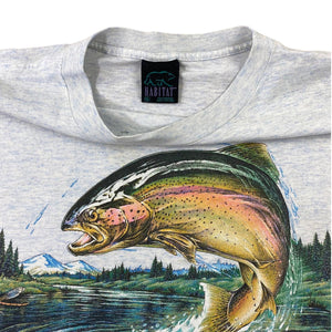 90s rainbow trout tee. heather blue. XL